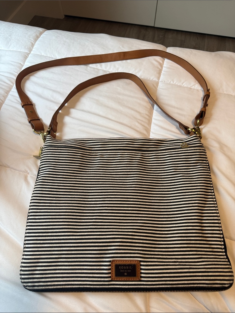 Fossil Black and White Striped Canvas Crossbody with Tan Leather Straps